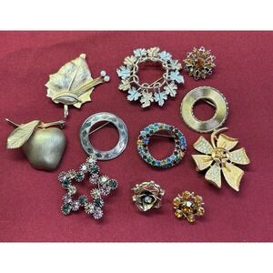 Vintage Brooch Lot Rhinestone Pins Wreath Apple Bow Mixed Bundle